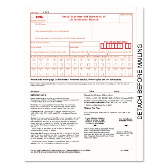 Picture of 1096 Summary Transmittal Tax Forms, 8 x 11, Inkjet/Laser, 50 Forms